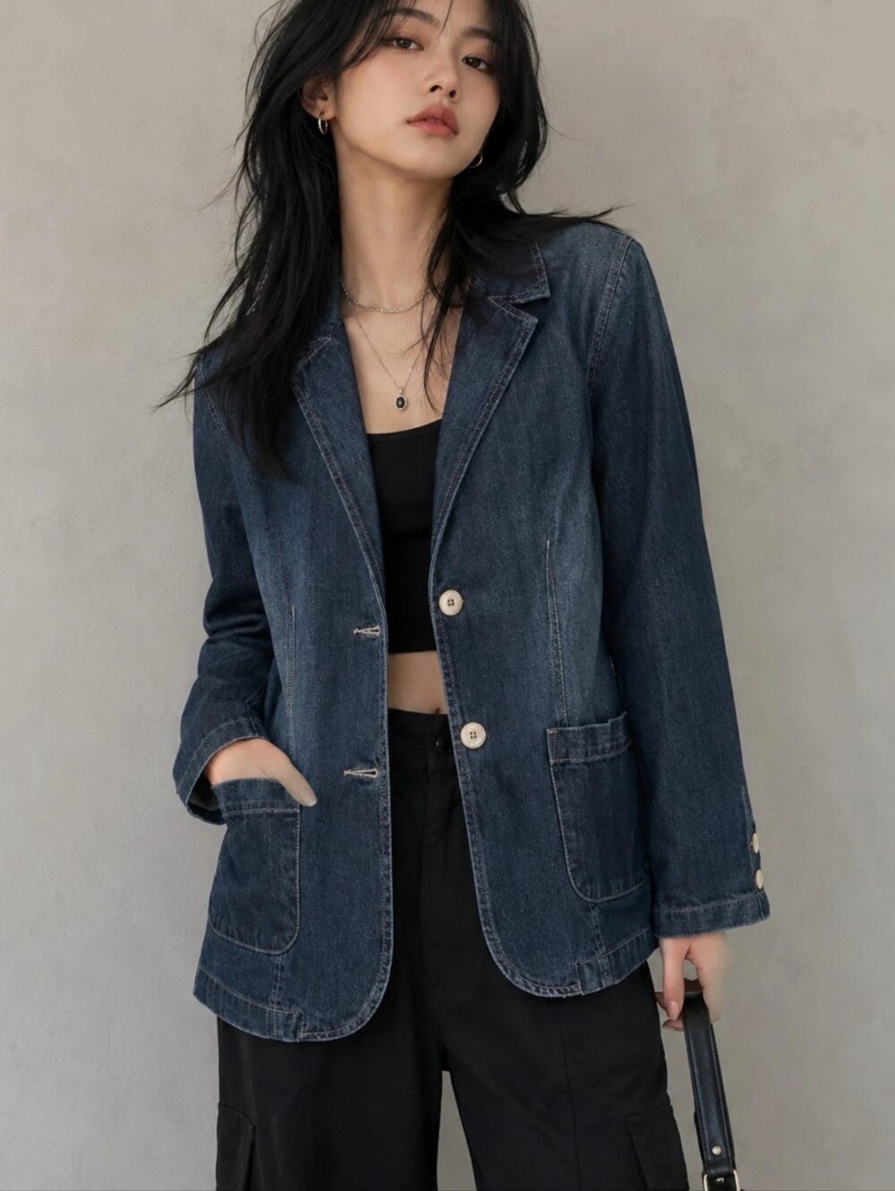 Inked & Faded Denim Blazer Jacket Large